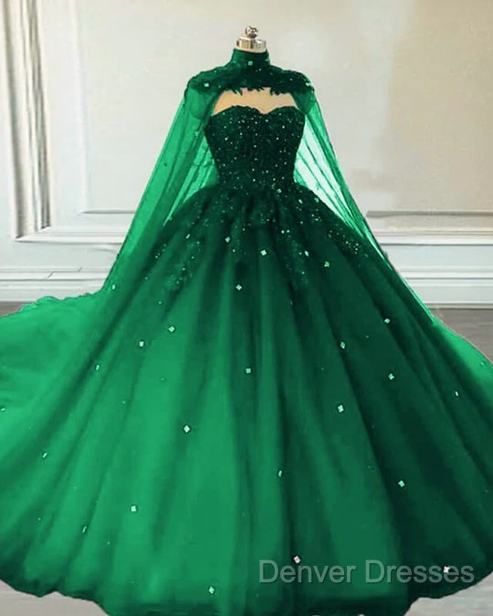 Tulle Ball Gown Emerald Green Quinceanera Dress Crystals With Cape Free
