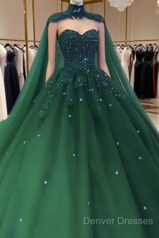 Tulle Ball Gown Emerald Green Quinceanera Dress Crystals With Cape Free Main image
