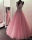 Tulle Ball Gown Prom Dresses Beaded V Neck