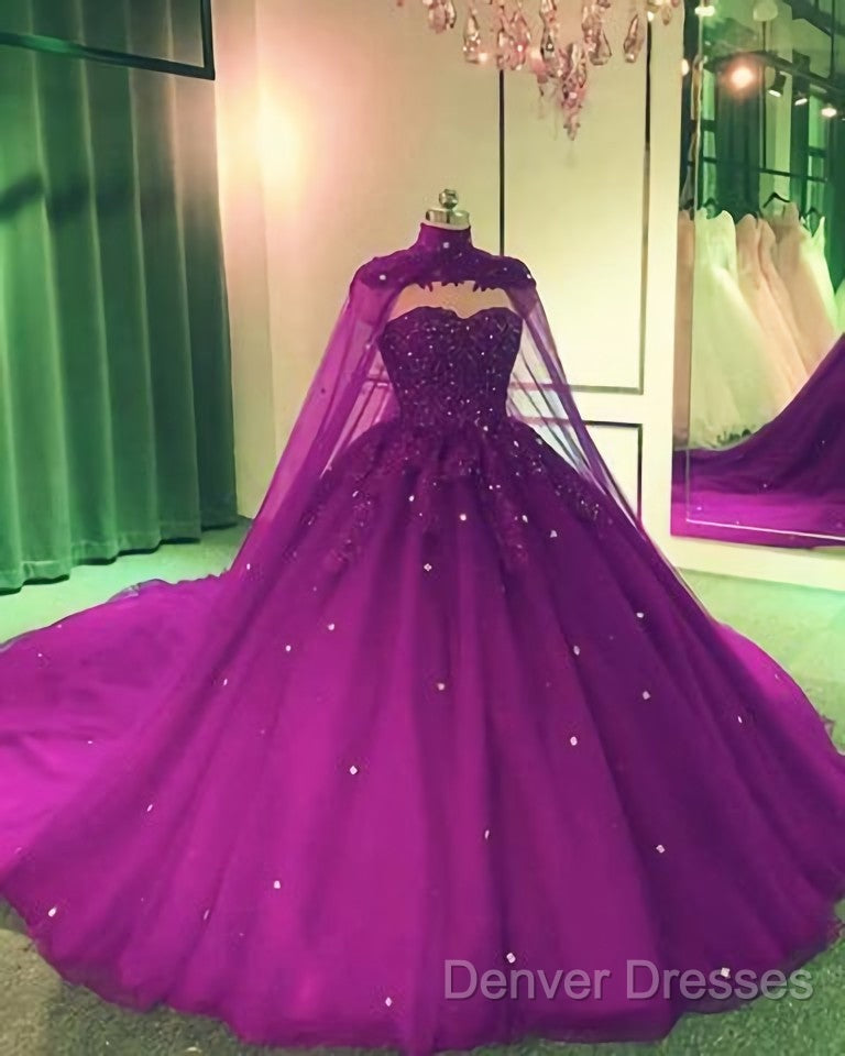 Tulle Ball Gown Wedding Dress, With Cape Prom Dress, Evening Dress