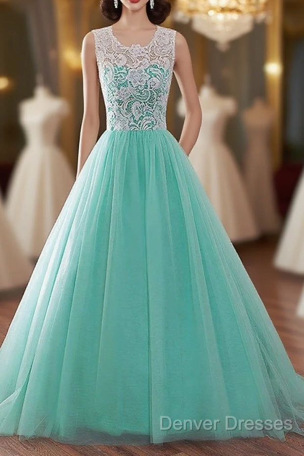 Tulle Buttons Lace Long Green Round Neck Prom Dress