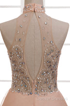 Tulle & Chiffon High Neck Evening Dress With Beading