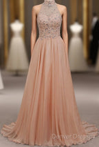 Tulle & Chiffon High Neck Evening Dress With Beading