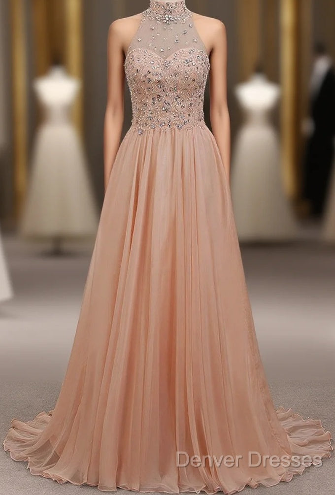 Tulle & Chiffon High Neck Evening Dress With Beading