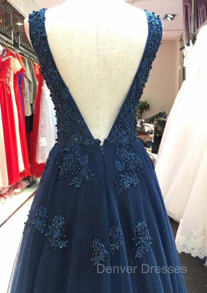 Tulle Dark Navy Prom Dress A-Line/Princess V-Neck Long/Floor-Length With Beaded Appliqued