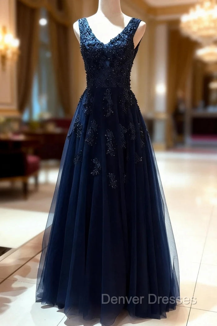 Tulle Dark Navy Prom Dress A-Line/Princess V-Neck Long/Floor-Length With Beaded Appliqued Main image