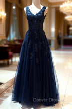 Tulle Dark Navy Prom Dress A-Line/Princess V-Neck Long/Floor-Length With Beaded Appliqued