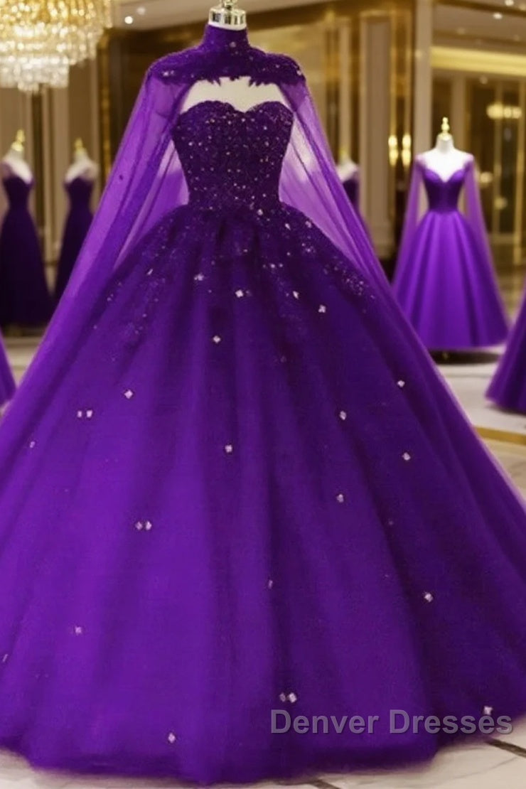 Tulle Dark Purple Quince Dress Ball Gown Wedding Dress With Cape Main image