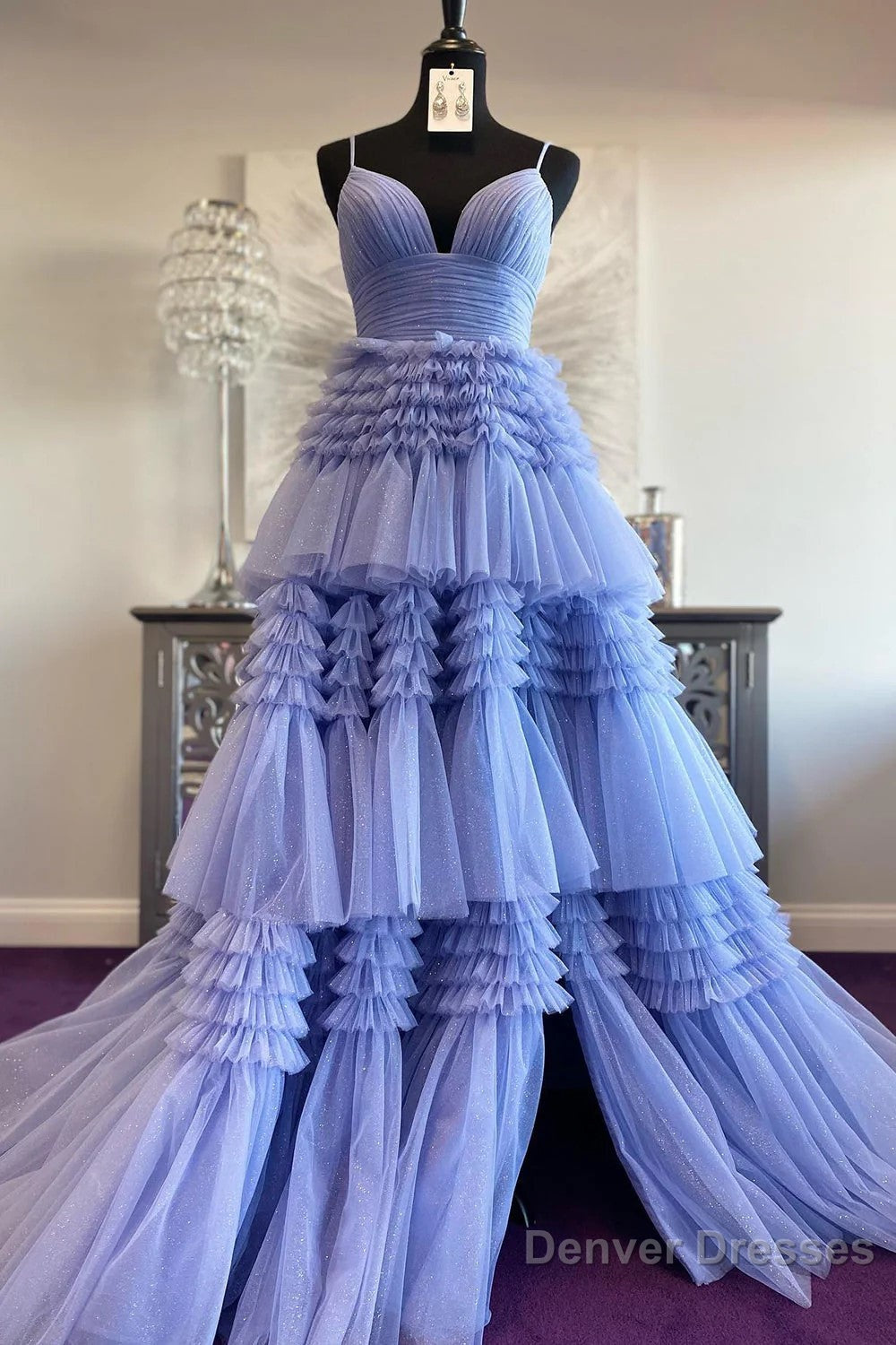 Tulle Deep V Neck Spaghetti Straps Long Prom Dress