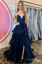 Tulle Deep V Neck Spaghetti Straps Long Prom Dress