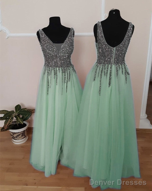 Tulle Floor Length Split Dresses With Beaded V Neckline