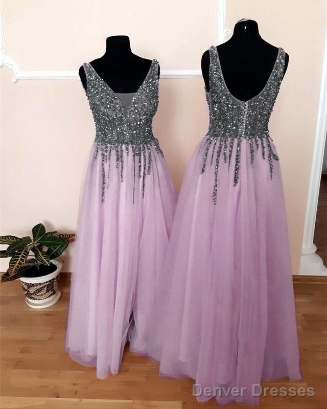 Tulle Floor Length Split Dresses With Beaded V Neckline