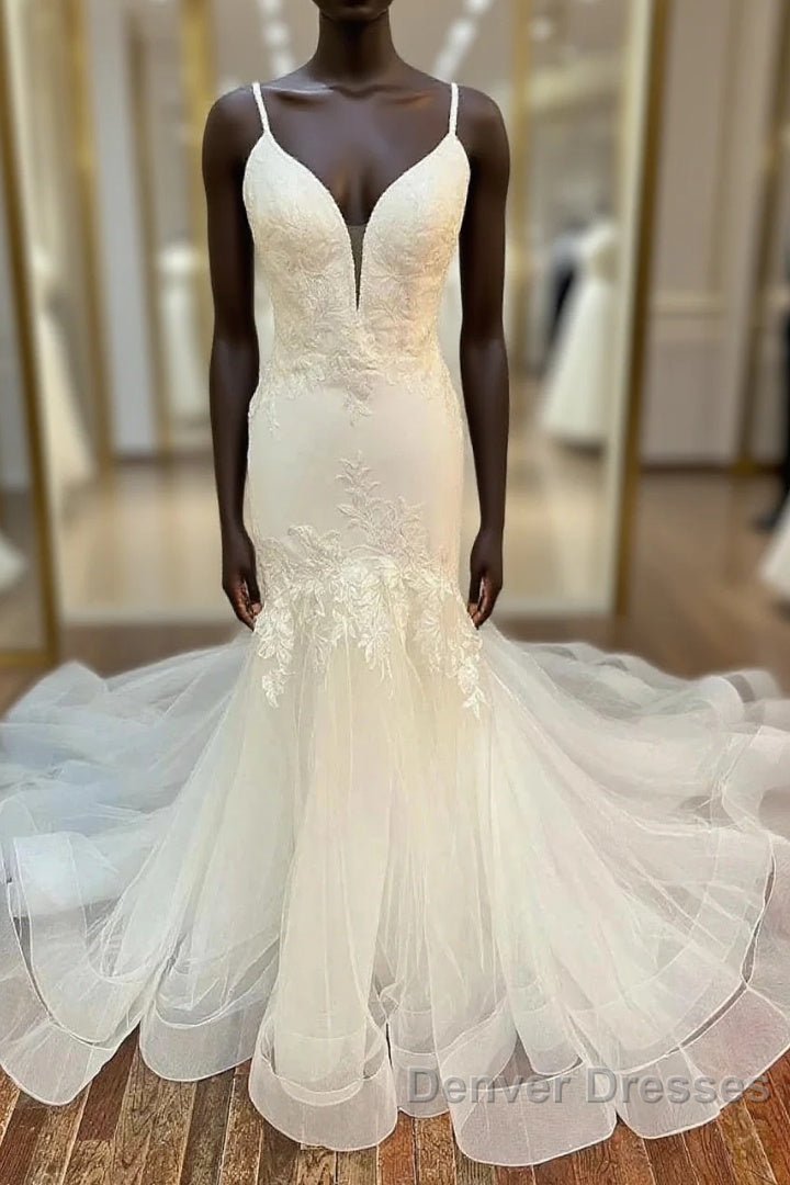 Tulle Floral Lace Trumpet Long Wedding Dress Main image