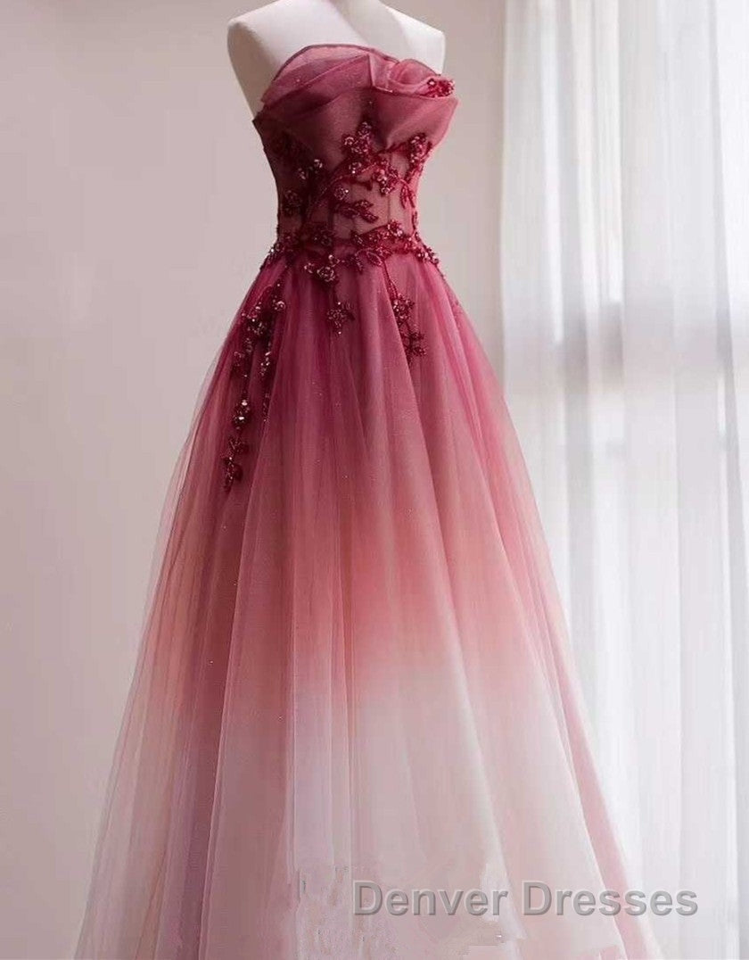 Tulle Gradient with Beaded Long Party Dress, A-line Gradient Prom Dress