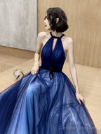 Tulle High Neckline A-Line Long Prom Dress, Tulle Blue Evening Dress