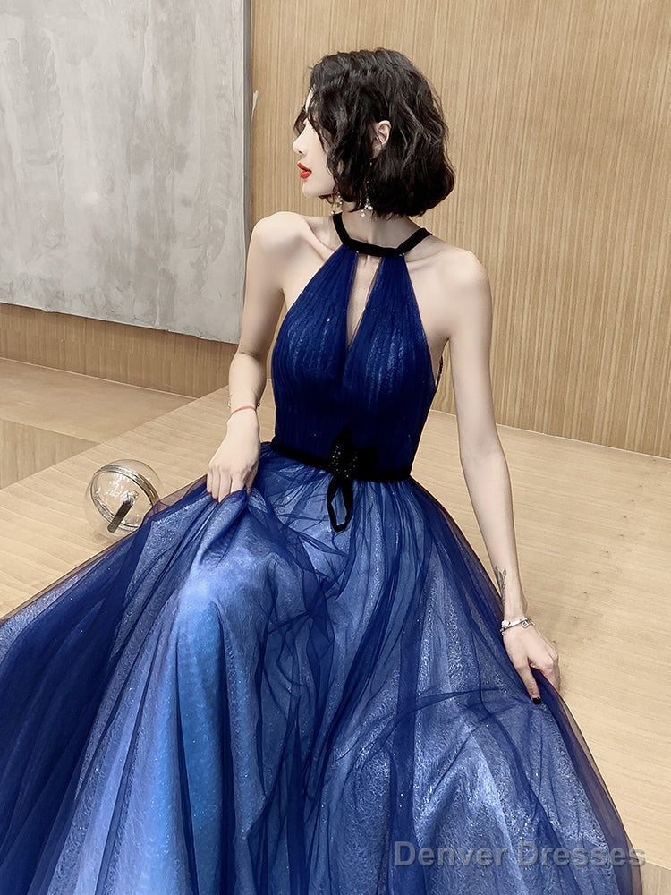 Tulle High Neckline A-Line Long Prom Dress, Tulle Blue Evening Dress