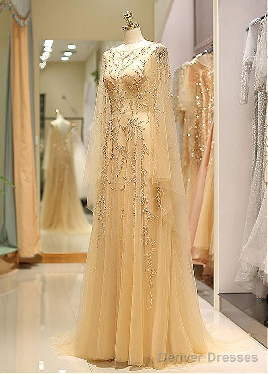 Tulle Jewel Long Sleeve Gold Beading Prom Evening Dress