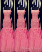 Tulle Lace Appliques Mermaid Prom Dress Spaghetti Straps