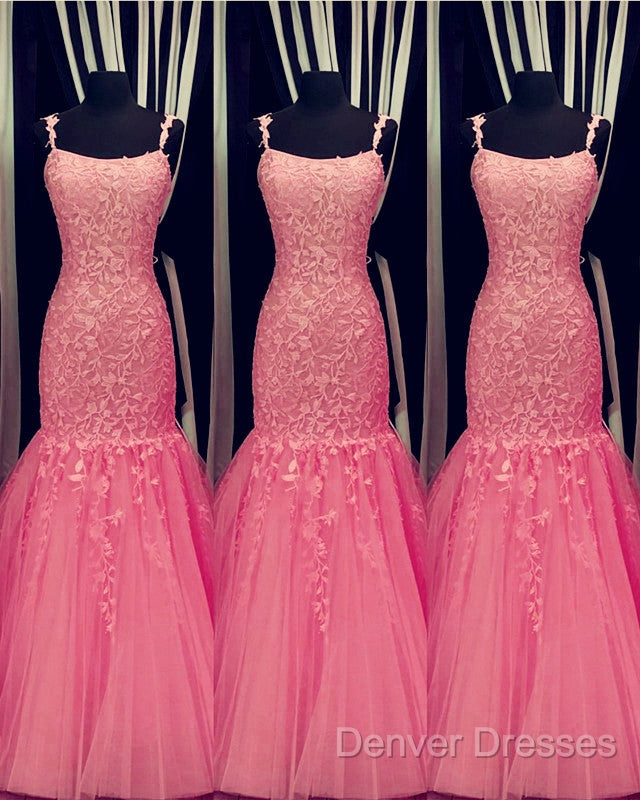 Tulle Lace Appliques Mermaid Prom Dress Spaghetti Straps