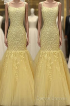 Tulle Lace Appliques Mermaid Prom Dress Spaghetti Straps