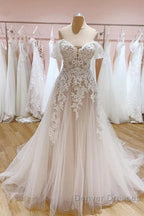 Tulle Lace Wedding Dress Off The Shoulder A-Line Bridal Dress With Sweep Train Elegant