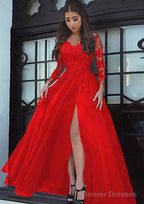 Tulle Long/Floor-Length A-Line/Princess Full/Long Sleeve Sweetheart Zipper Prom Dresses With Appliqued