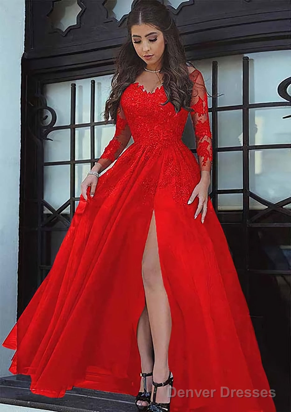 Tulle Long/Floor-Length A-Line/Princess Full/Long Sleeve Sweetheart Zipper Prom Dresses With Appliqued
