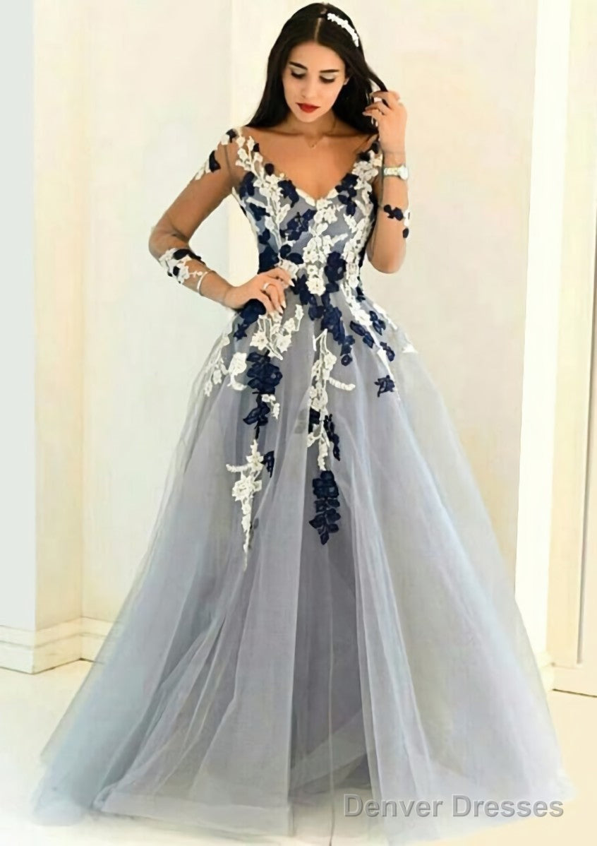 Tulle Long/Floor-Length A-Line/Princess Full/Long Sleeve V-Neck Zipper Evening Dresses With Appliqued Main image