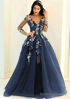Tulle Long/Floor-Length A-Line/Princess Full/Long Sleeve V-Neck Zipper Evening Dresses With Appliqued