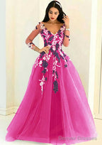 Tulle Long/Floor-Length A-Line/Princess Full/Long Sleeve V-Neck Zipper Evening Dresses With Appliqued