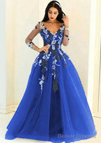 Tulle Long/Floor-Length A-Line/Princess Full/Long Sleeve V-Neck Zipper Evening Dresses With Appliqued