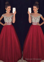Tulle Long/Floor-Length A-Line/Princess Sleeveless Bateau Zipper Prom Dresses With Beaded