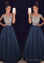 Tulle Long/Floor-Length A-Line/Princess Sleeveless Bateau Zipper Prom Dresses With Beaded