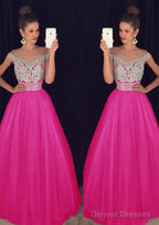 Tulle Long/Floor-Length A-Line/Princess Sleeveless Bateau Zipper Prom Dresses With Beaded