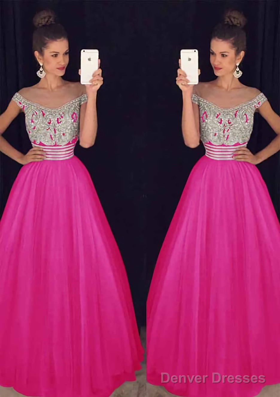 Tulle Long/Floor-Length A-Line/Princess Sleeveless Bateau Zipper Prom Dresses With Beaded