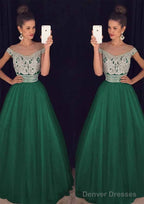Tulle Long/Floor-Length A-Line/Princess Sleeveless Bateau Zipper Prom Dresses With Beaded