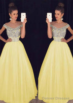 Tulle Long/Floor-Length A-Line/Princess Sleeveless Bateau Zipper Prom Dresses With Beaded