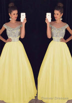 Tulle Long/Floor-Length A-Line/Princess Sleeveless Bateau Zipper Prom Dresses With Beaded
