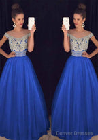 Tulle Long/Floor-Length A-Line/Princess Sleeveless Bateau Zipper Prom Dresses With Beaded