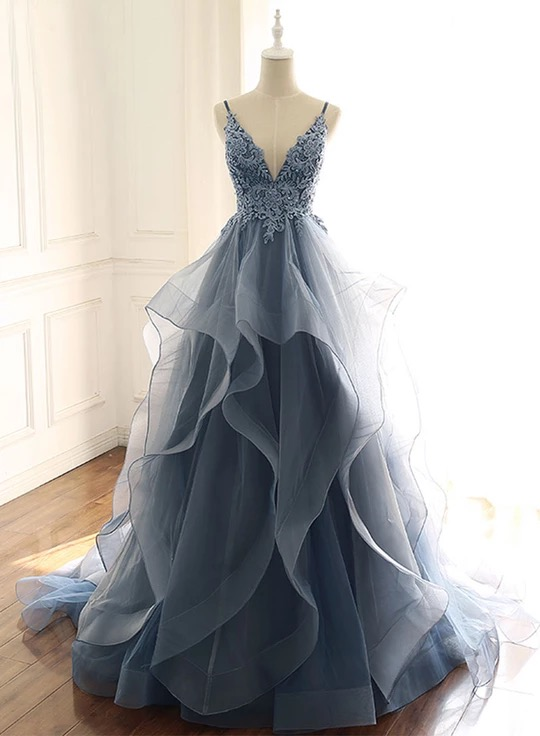 Tulle Long Prom Dress With Spaghetti Straps And Ruffled Floor Length Skirt