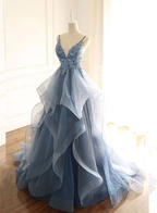Tulle Long Prom Dress With Spaghetti Straps And Ruffled Floor Length Skirt
