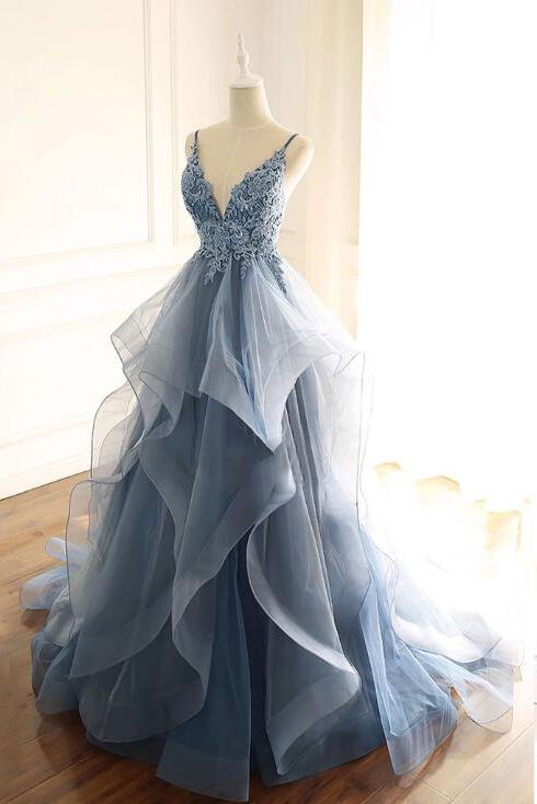 Tulle Long Prom Dress With Spaghetti Straps And Ruffled Floor Length Skirt Main image