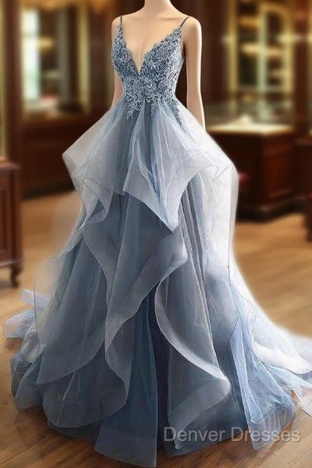 Tulle Long Prom Dress With Spaghetti Straps And Ruffled Floor Length Skirt Main image