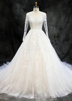 Tulle Long Sleeves Lace Sweep Train Wedding Dresses
