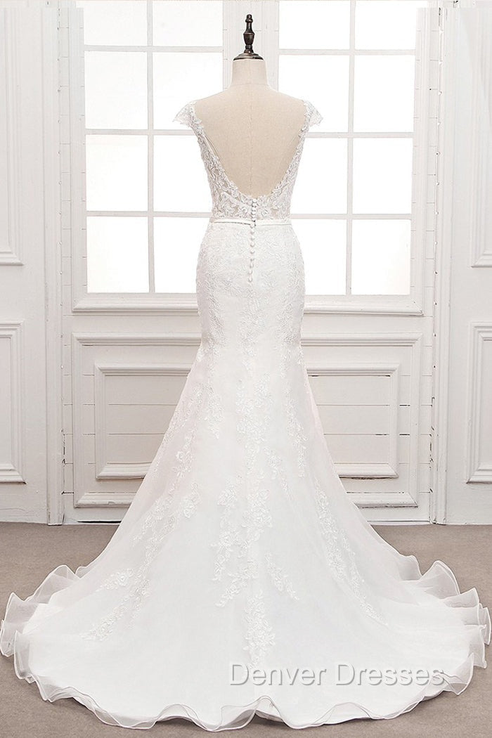 Tulle & Organza Bateau Mermaid Wedding Dress With Lace Appliques & Belt