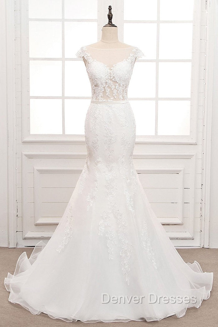 Tulle & Organza Bateau Mermaid Wedding Dress With Lace Appliques & Belt