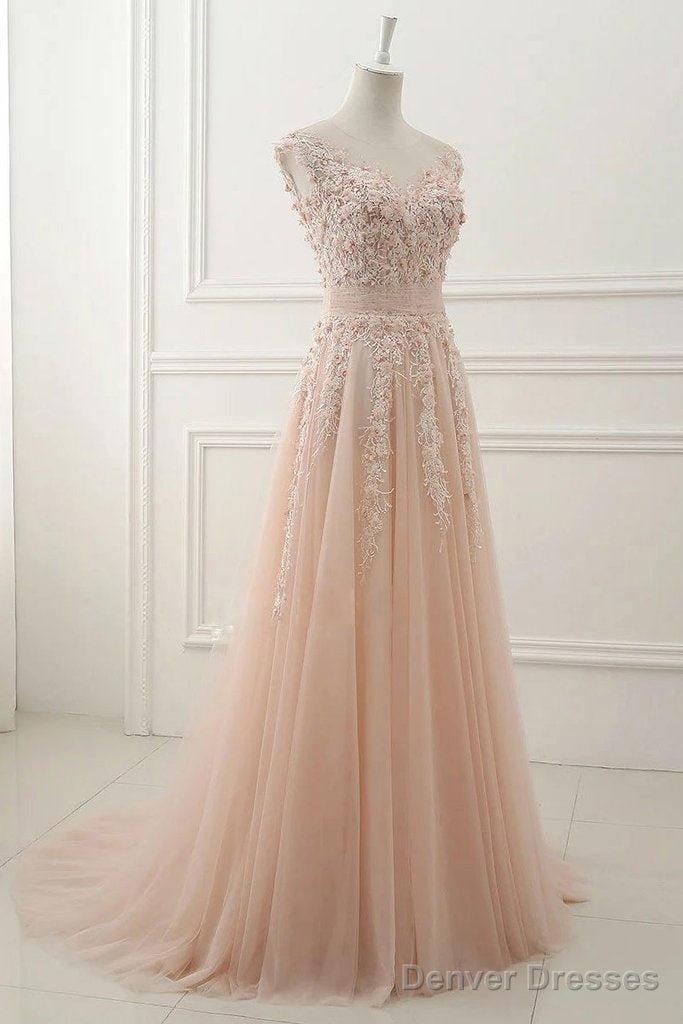 Tulle Pink Round Neck Lace Applique Long Prom Dress Secondary image