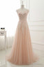 Tulle Pink Round Neck Lace Applique Long Prom Dress