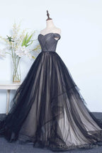 Tulle Pleats Black Off The Shoulder Long Prom Dress