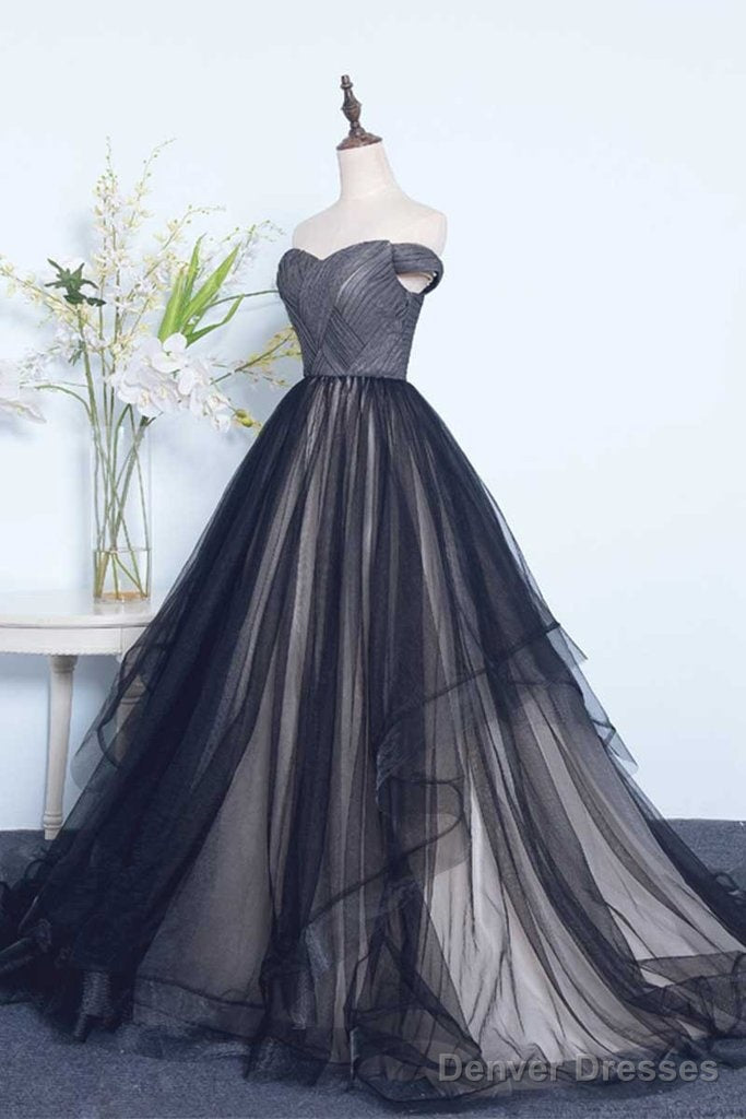 Tulle Pleats Black Off The Shoulder Long Prom Dress